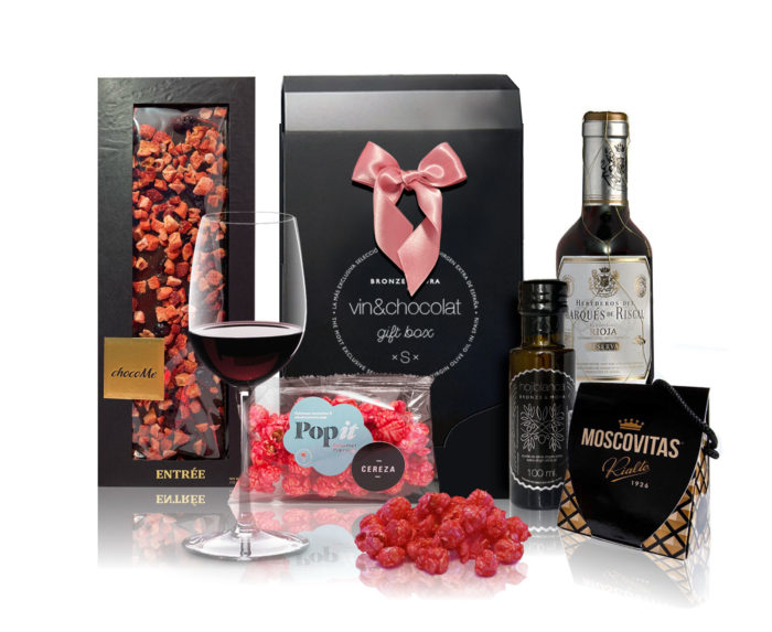 La caja del maridaje de vino con chocolate por Bronze & Mora